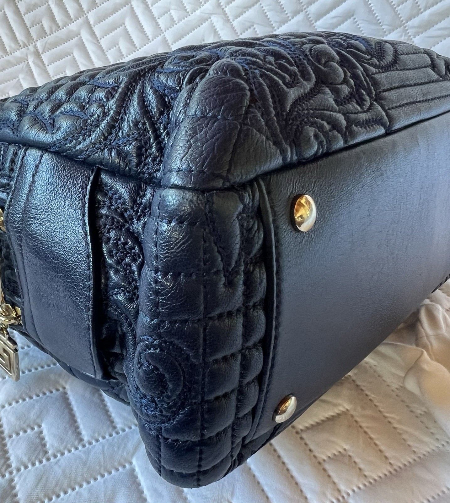 Versace Navy Blue Leather Demetra Vanitas Satchel Bag