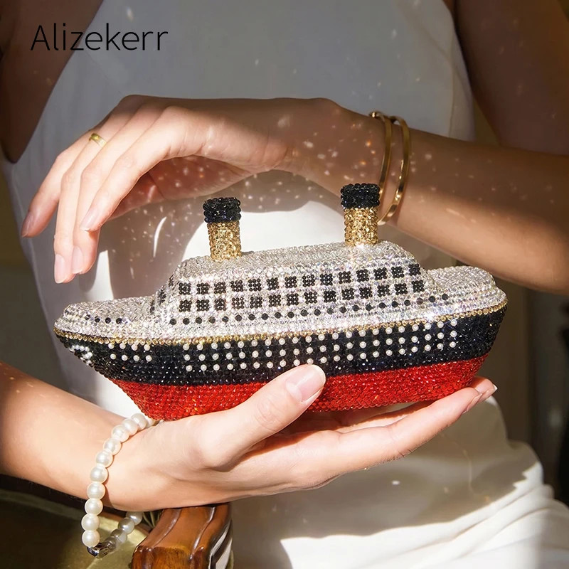 Steamship Shape Rhinestone Evening Bag Women Gorgeous Diamond Metallic Clutch Pu