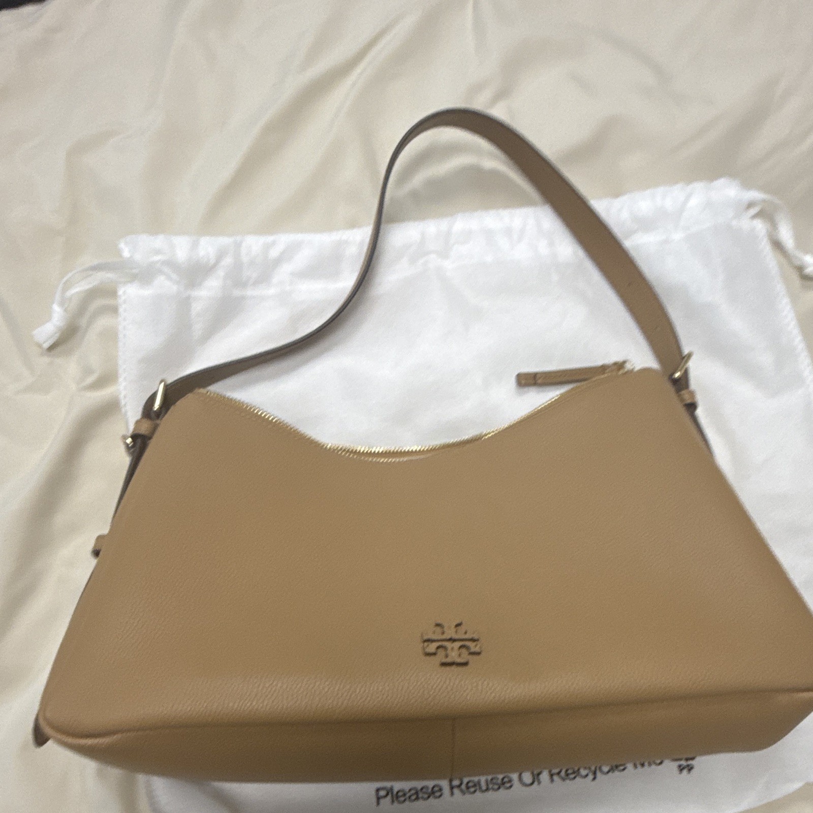 Tory Burch Tan Small Crescent Shoulder Bag Zip Adjustable Strap Pockets Dust