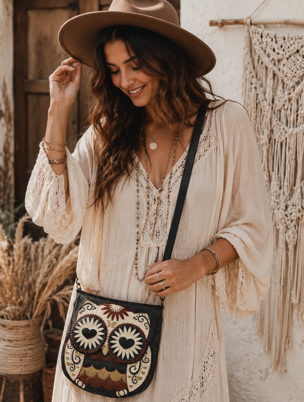 Loungefly Woman’s Vaulted Retro Brown Owl Patchwork Crossbody Messenger Bag