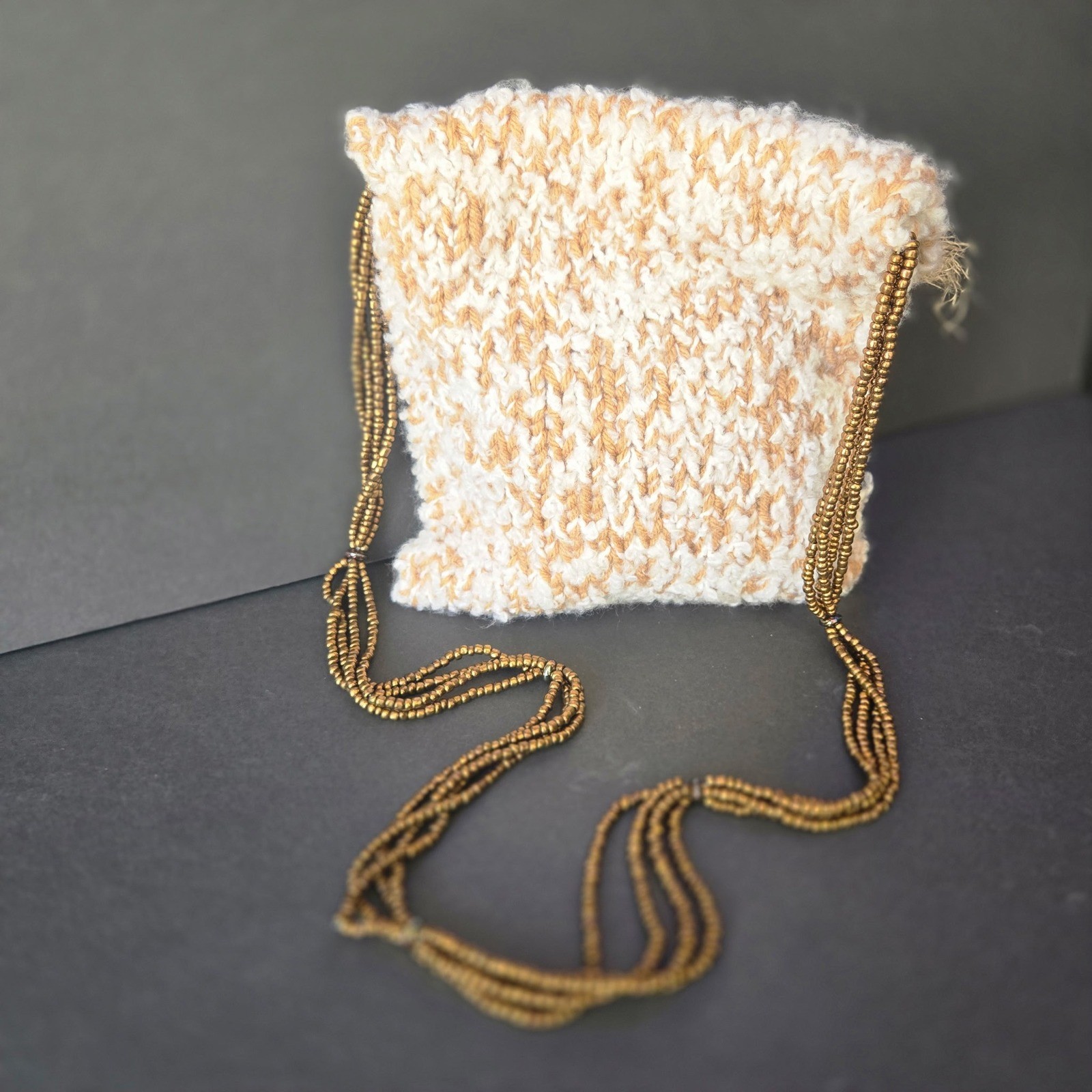 Handmade Knit Crossbody Bag Cream Tan Beaded Strap Paisley Lining Boho Small