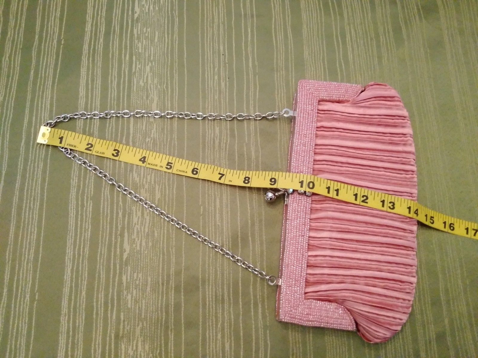 Vintage Pink Silky Beaded Evening Clutch Frame Purse Chain Strap