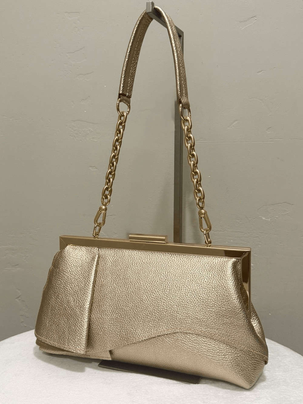 Gold Pebble Leather Handmade Asymmetrical Ruffles Push Lock Frame Bag