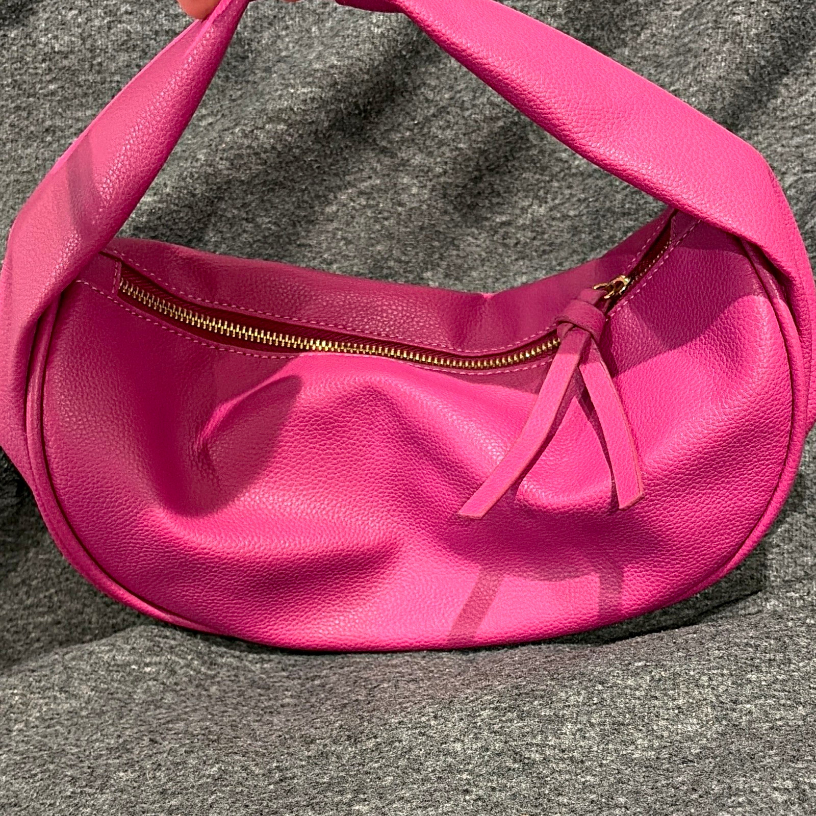Pink Pebbled Crescent Shoulder Bag Zip Top Gold Hardware Small Solid