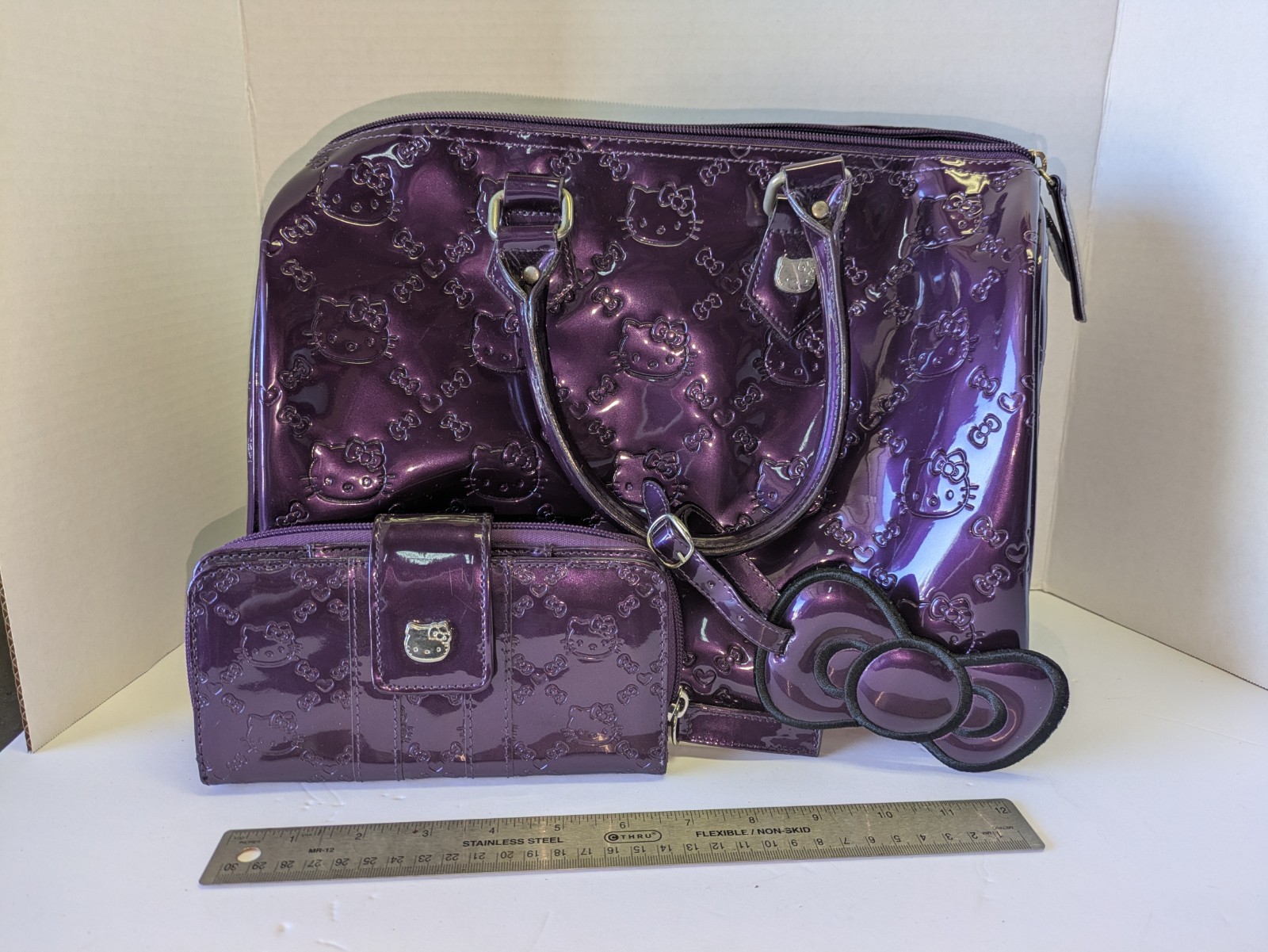 Used Loungefly Hello Kitty Purple Vinyl Metallic Tote Bag And Wallet Sanrio 2010