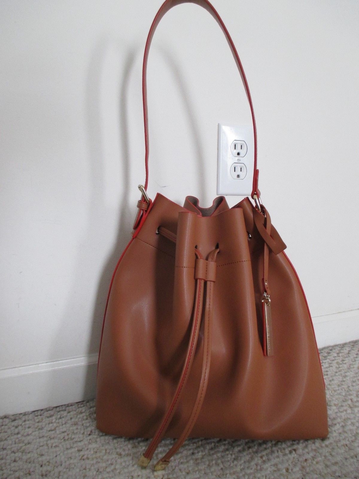 Vince Camuto Leila Drawstring Bucket Handbag NWT Bourbon Brown $278.00