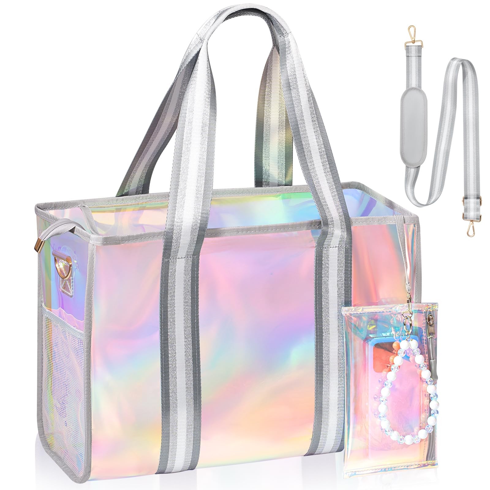 Large Iridescent Waterproof Beach Tote Bag 26L with Zipper & Pouch for Women