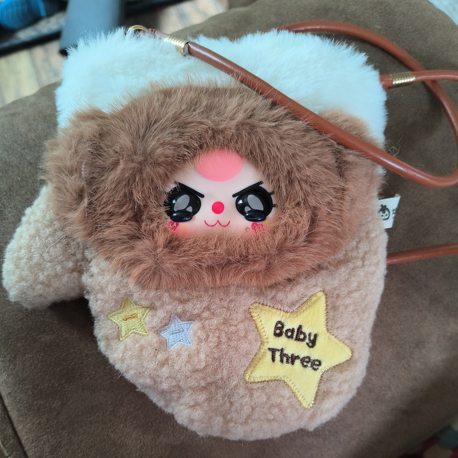 Baby Three Mobile Hanging Bag Brown Taro Bear Plush Crossbody Phone Bag