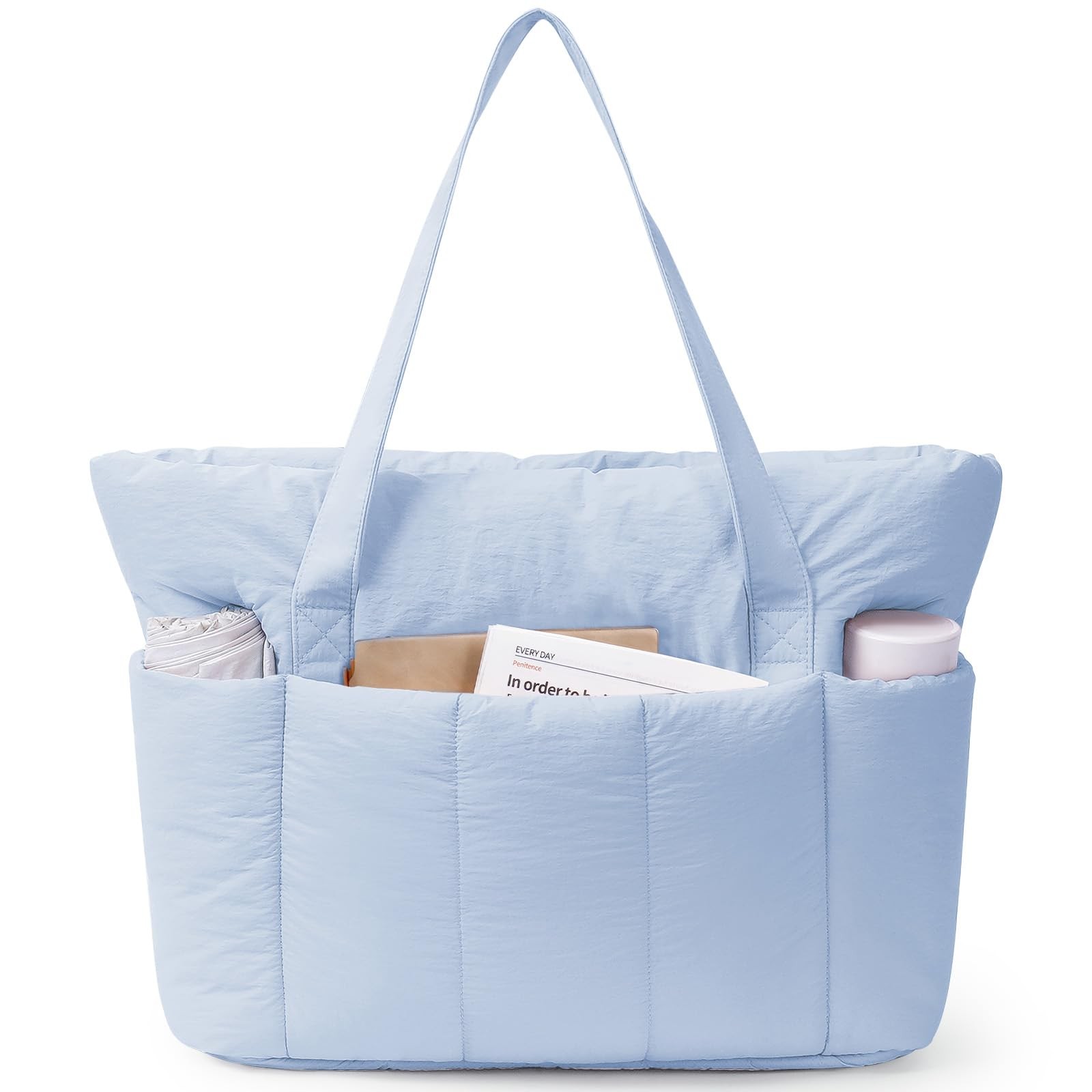 Puffer Tote Bag for 15.6″ Laptop, Quilted Travel Tote with Luggage Sleeve