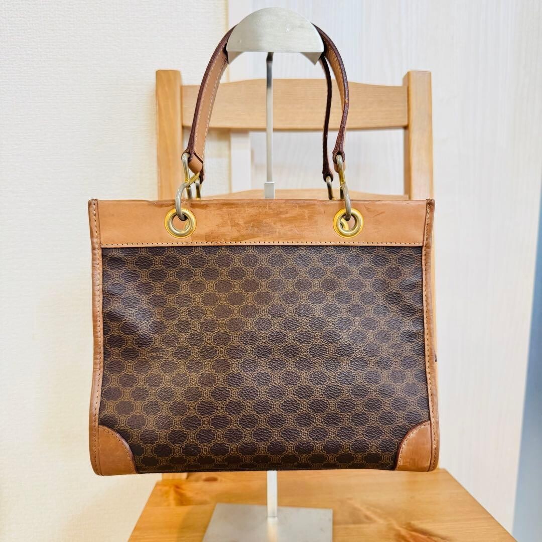 CELINE Macadam Vintage Brown Leather PVC Handbag Tote Gold Zip M13 25cm 21cm
