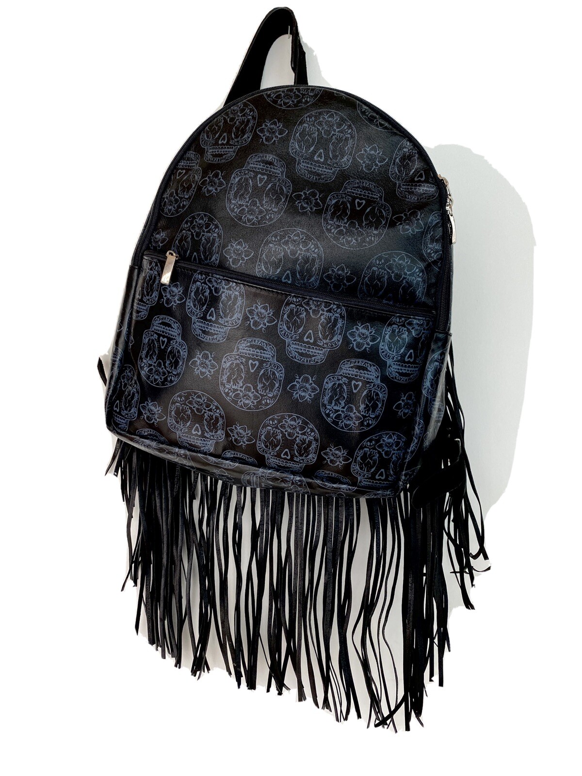 BEAUTIFUL LARETTAMIA BLACK LEATHER BACKPACK – SKULL Calavera PATTERN WITH FRINGE