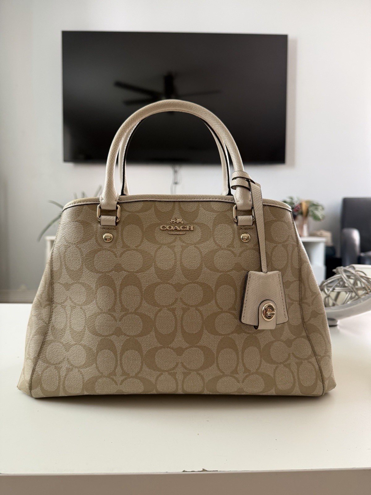 COACH Signature Logo Satchel Top Handle Zip Beige Ivory Gold Hardware Charm