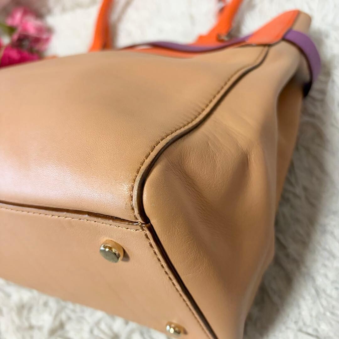 Kate Spade New York Beige Orange Leather Tote Bag Gold Turn Lock A4 Work 34cm