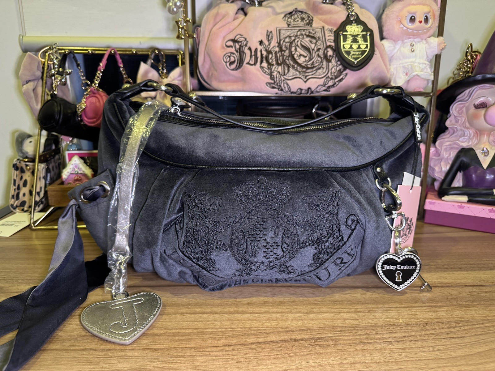 Juicy Couture UK Dark Grey Black Twig Dog Daydreamer Hobo Shoulder Bag