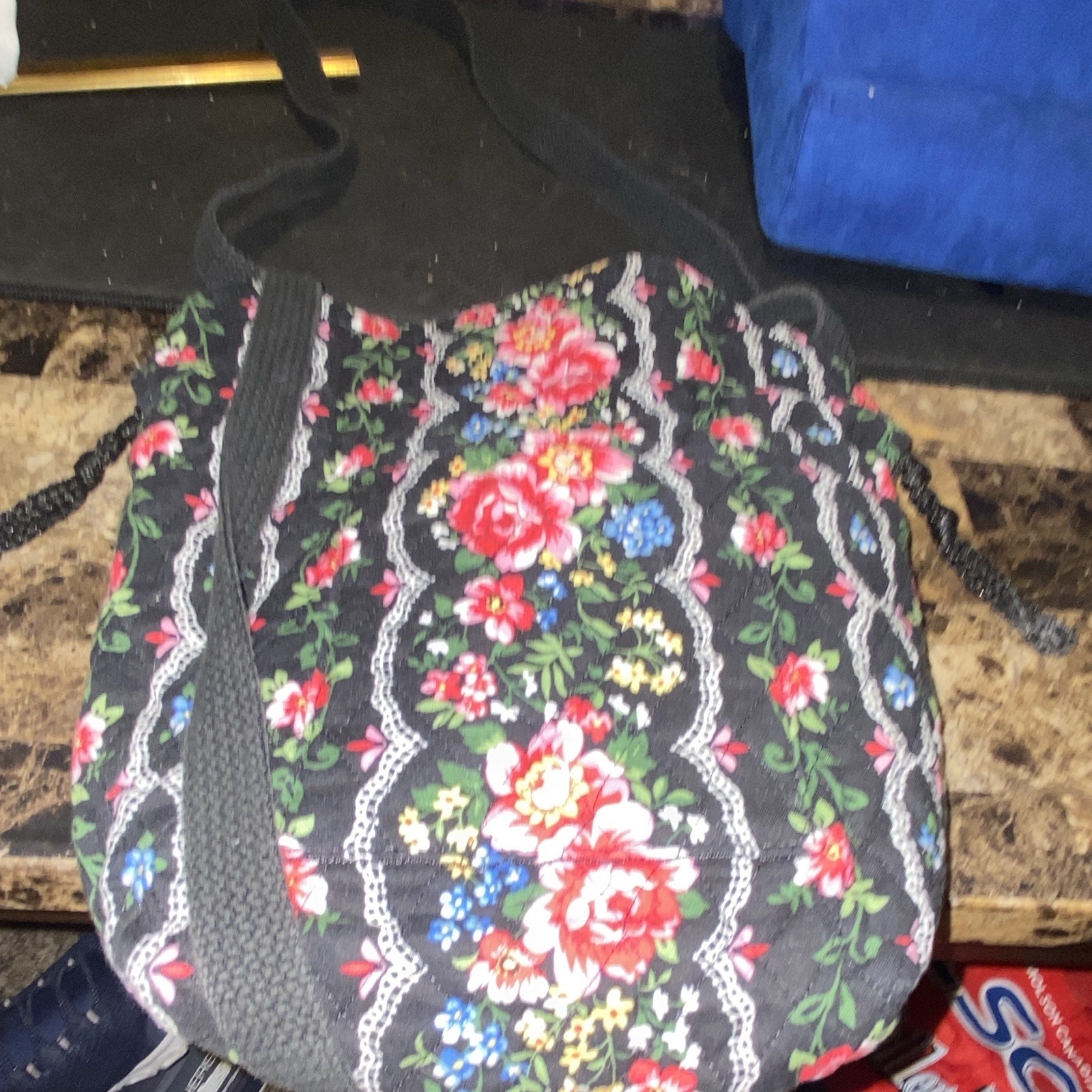 Floral Print Tote Bag Drawstring Closure Double Handles Black Lined Casual
