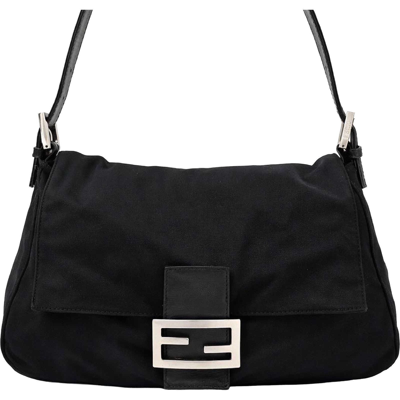 FENDI Mamma Baguette FF Logo Black Cotton Jersey Leather Shoulder Bag Italy Auth