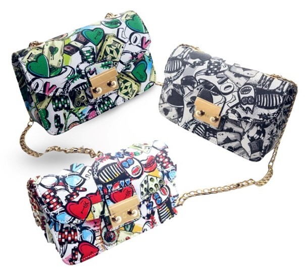 Crossbody Handbag Chain Strap Graffiti Purse Choice Colors Inside Pocket Fun NEW