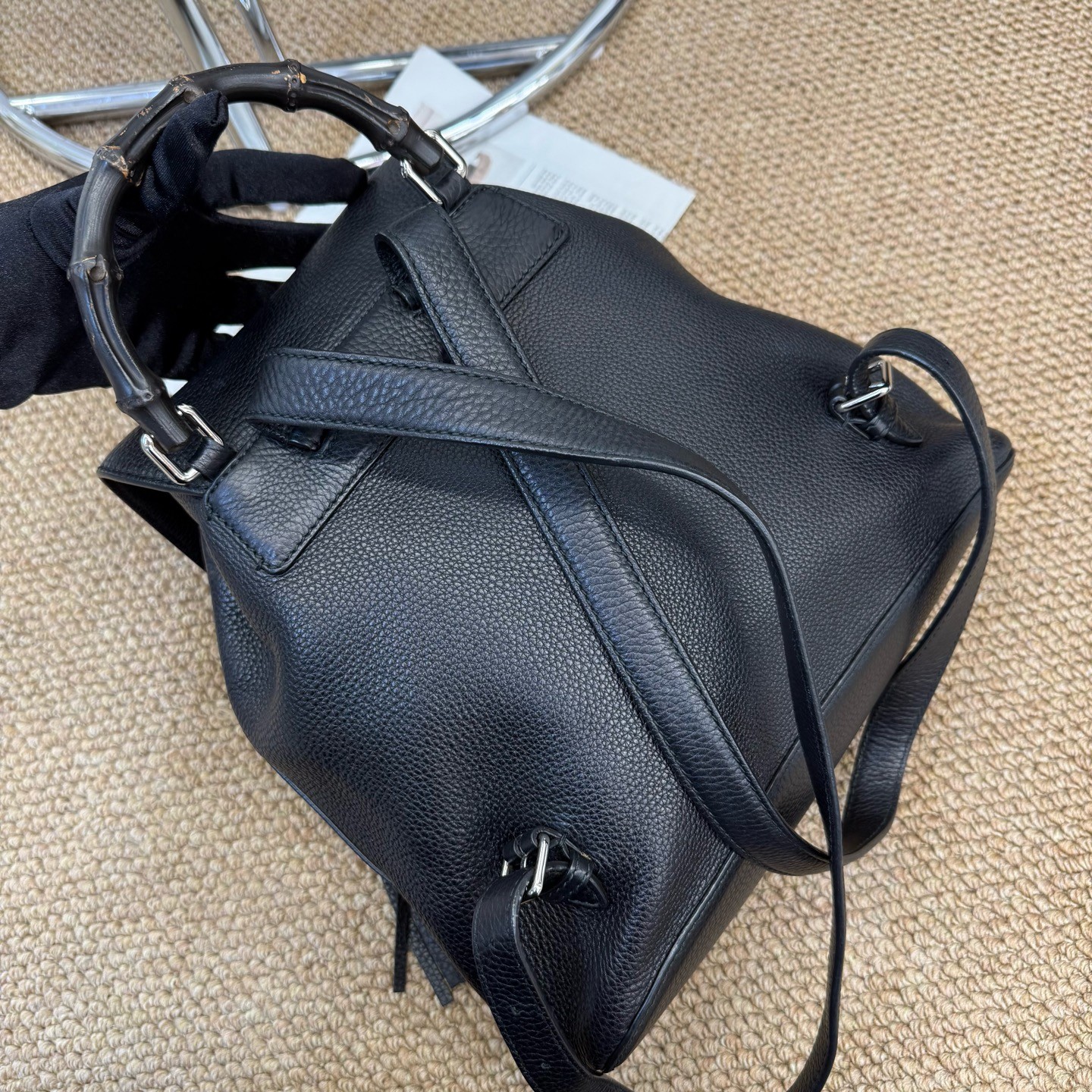 Gucci Bamboo Normal Size Black Grainy Calf Leather Backpack Duty Paid