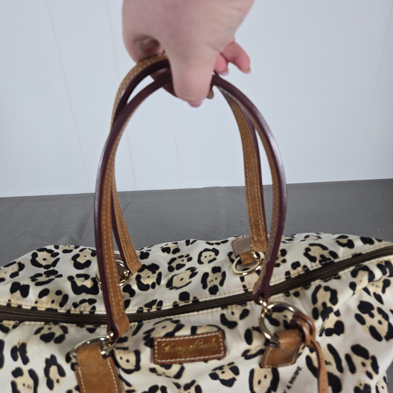 Dooney & Bourke Animal Print Satchel Top Handle Beige Black Zip Bag Charm