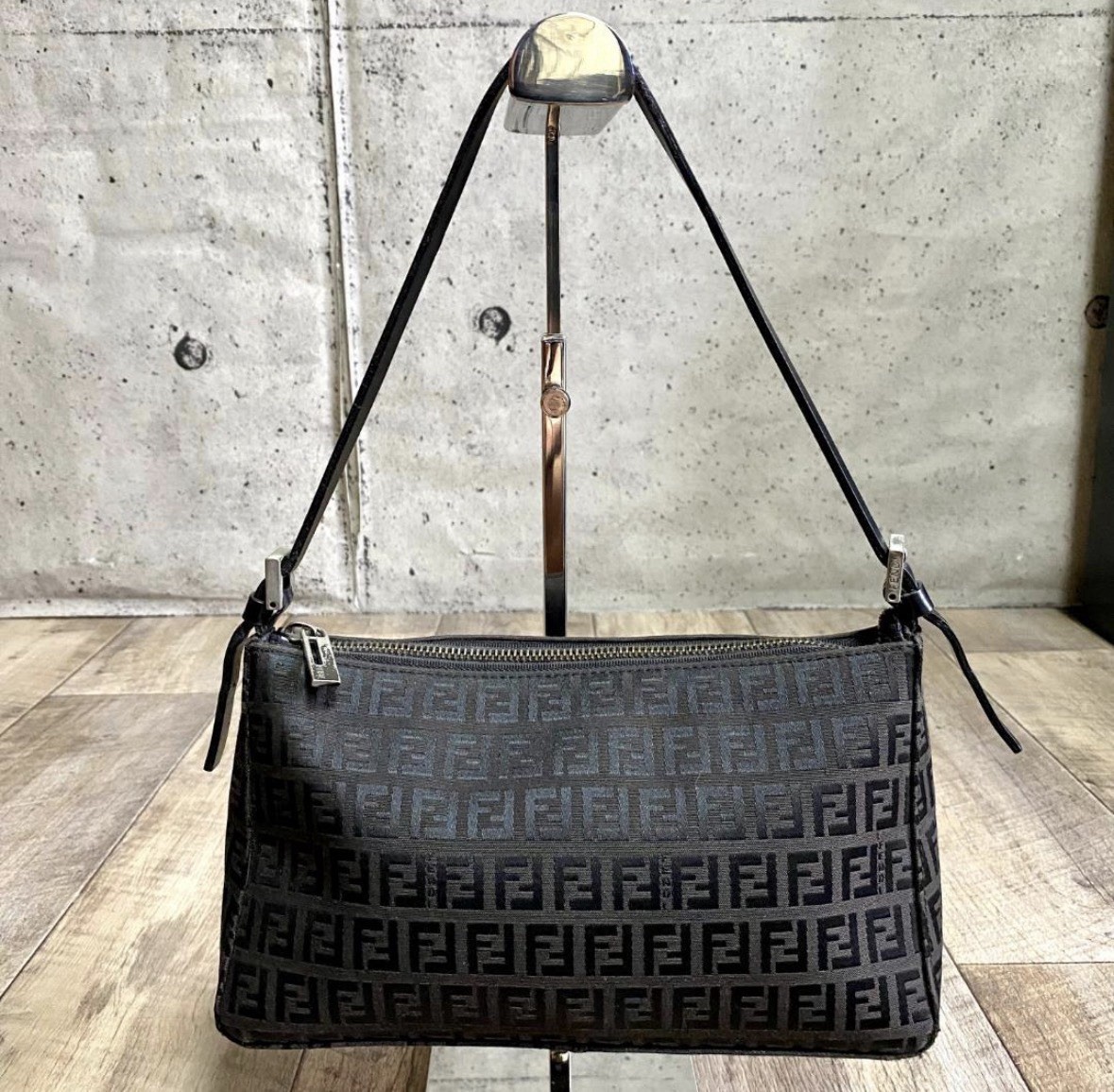 Fendi Black Zucca FF Monogram Zip Shoulder Bag w/ Detachable Strap Small