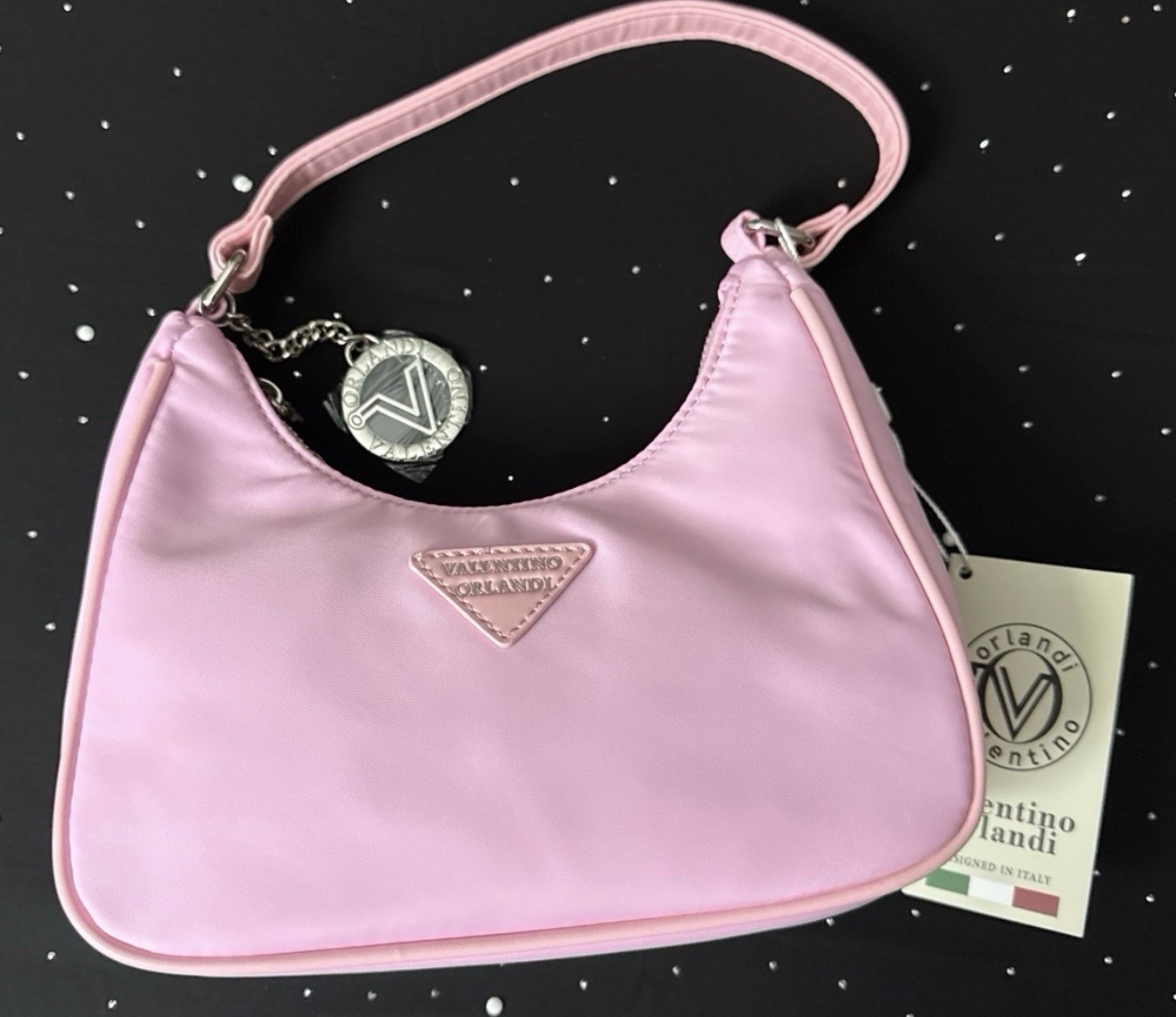 Valentino Orlandi Pink Shoulder Bag with Silver Hardware Chain Charm and Zip