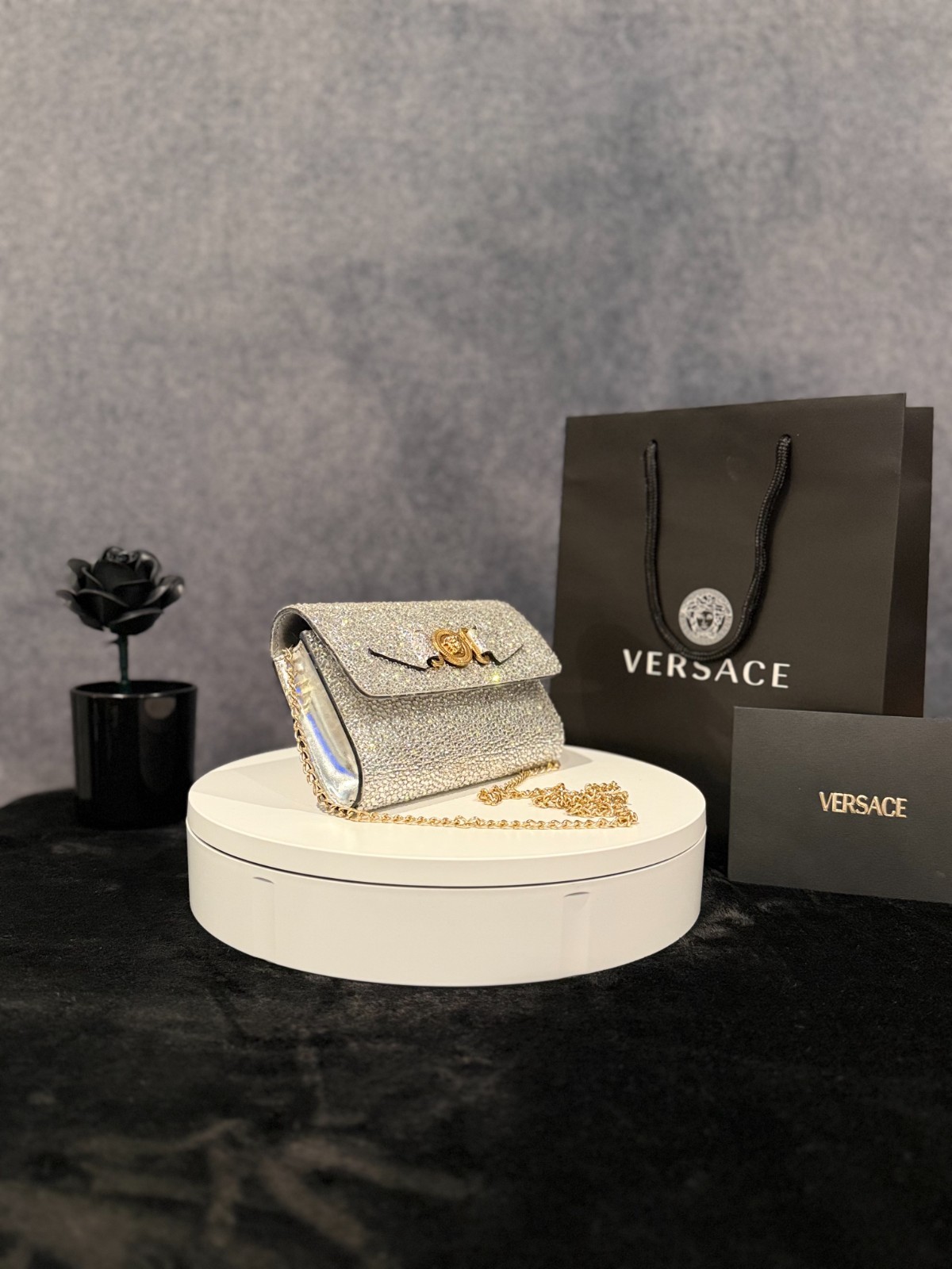 Authentic Versace La Medusa Crystal Mini Bag in silver with mixed metal hardware
