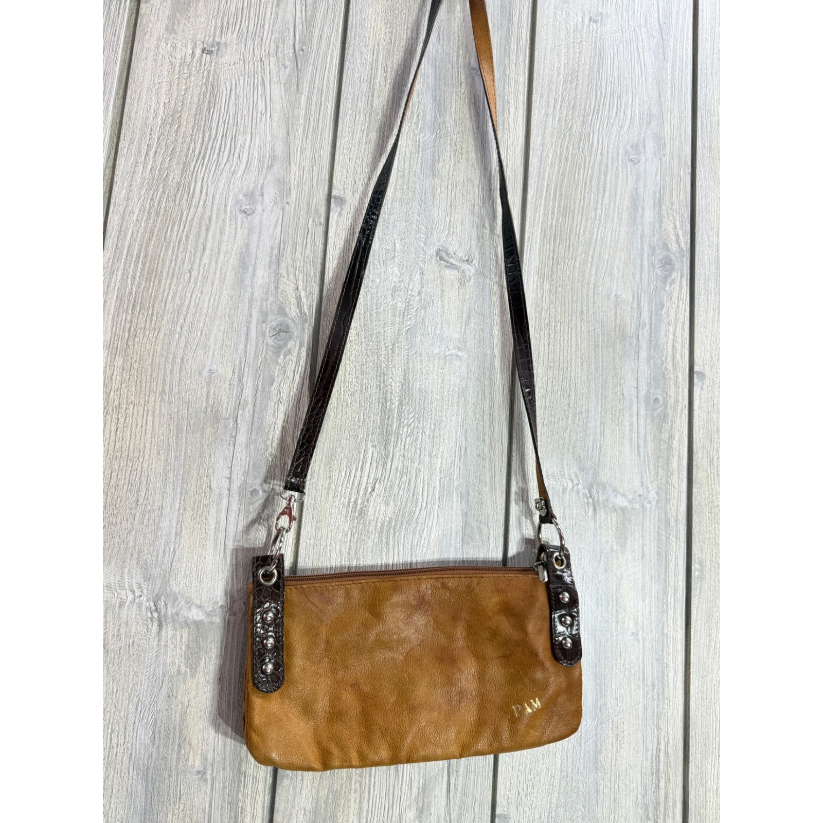 Lavorazione Artigianale Italy Tan Leather Foldover Crossbody Bag Croc Trim PAM