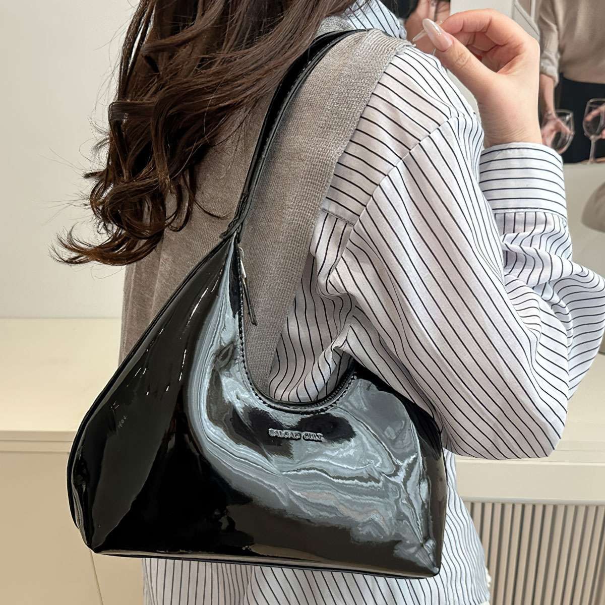 Vintage Patent Leather Underarm Bag Minimalist Women Shoulder Handbag Trendy Bag