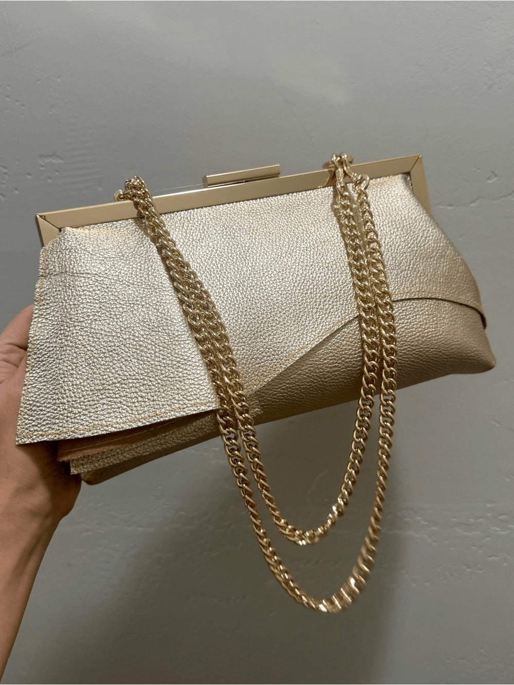 Gold Pebble Leather Handmade Asymmetrical Ruffles Push Lock Frame Bag