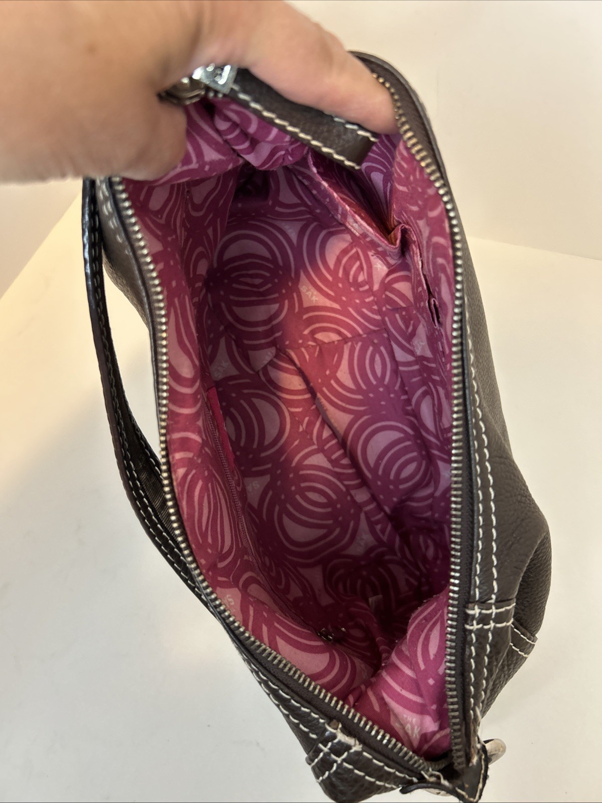 The Sak Pink Label Dark Brown Pebbled Leather Shoulder Bag Purse