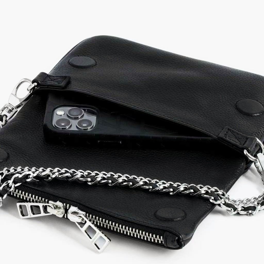 Zadig & Voltaire Rock Wing Black Silver Pebbled Leather Shoulder Bag 21×13×3cm