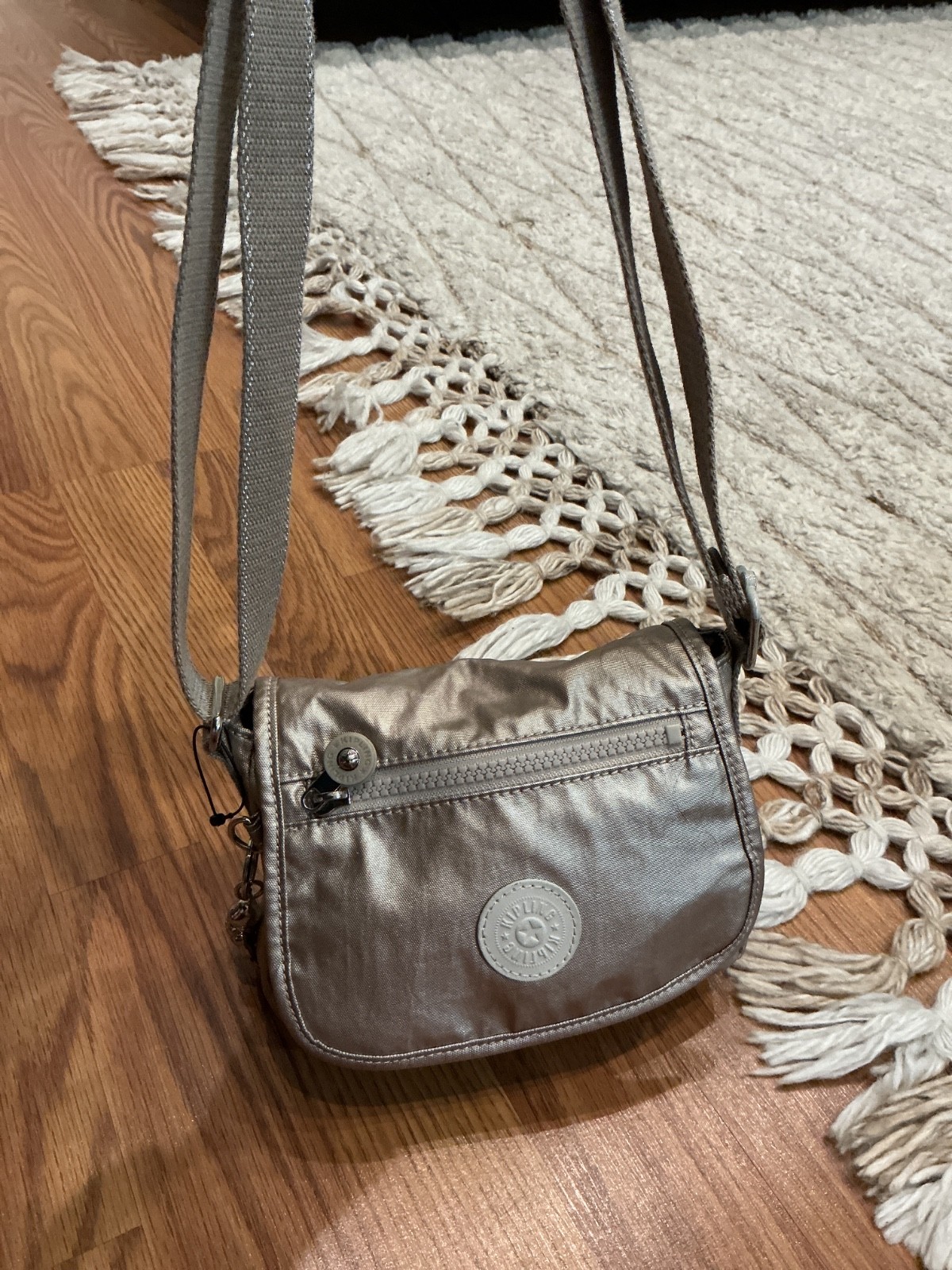 KIPLING GREY-ISH-SILVER MINI CROSSBODY BAG, FITS ANY IPHONE OR SMAL BOOK, WALLET