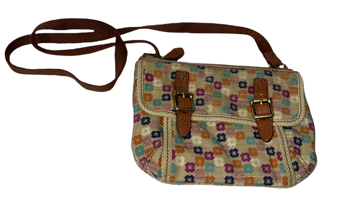 Fossil Crossbody Bag Fabric Canvas Multicolor Floral Leather Trim