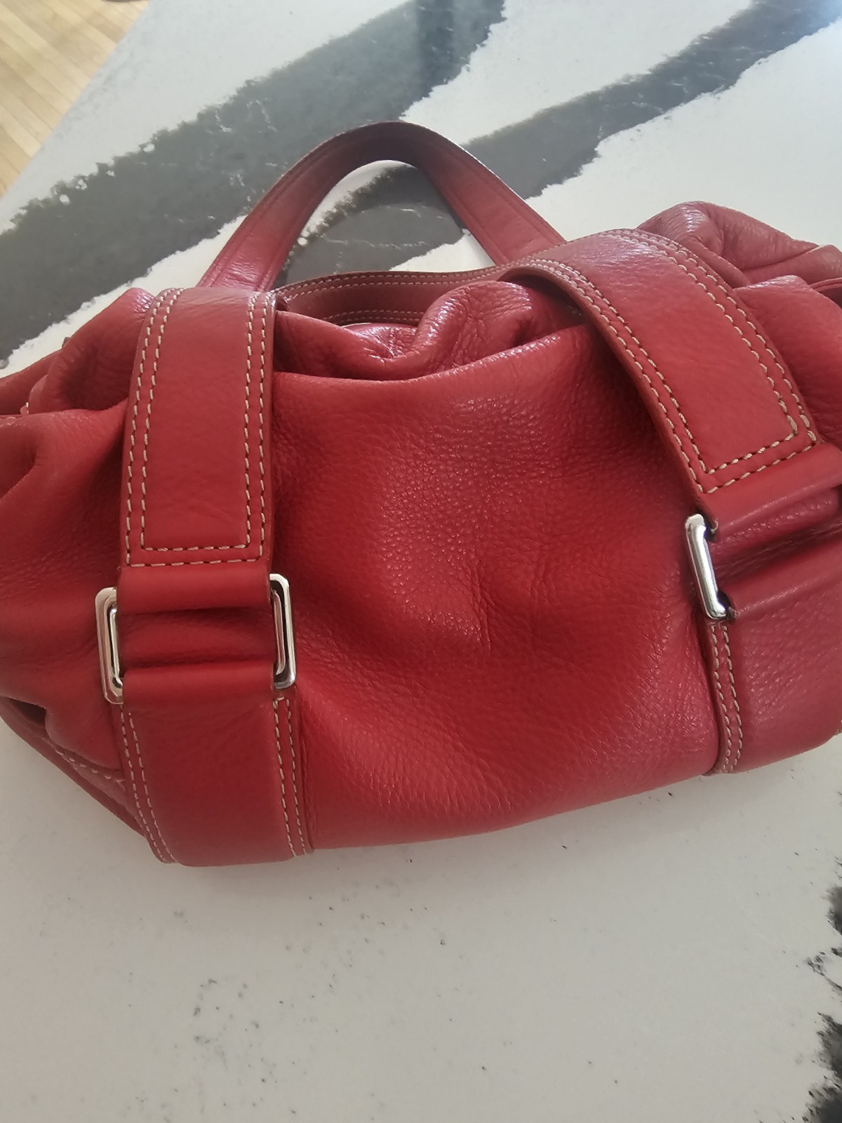 Michael Kors Red Pebbled Satchel Top Handle Bag Logo Print Silver Hardware