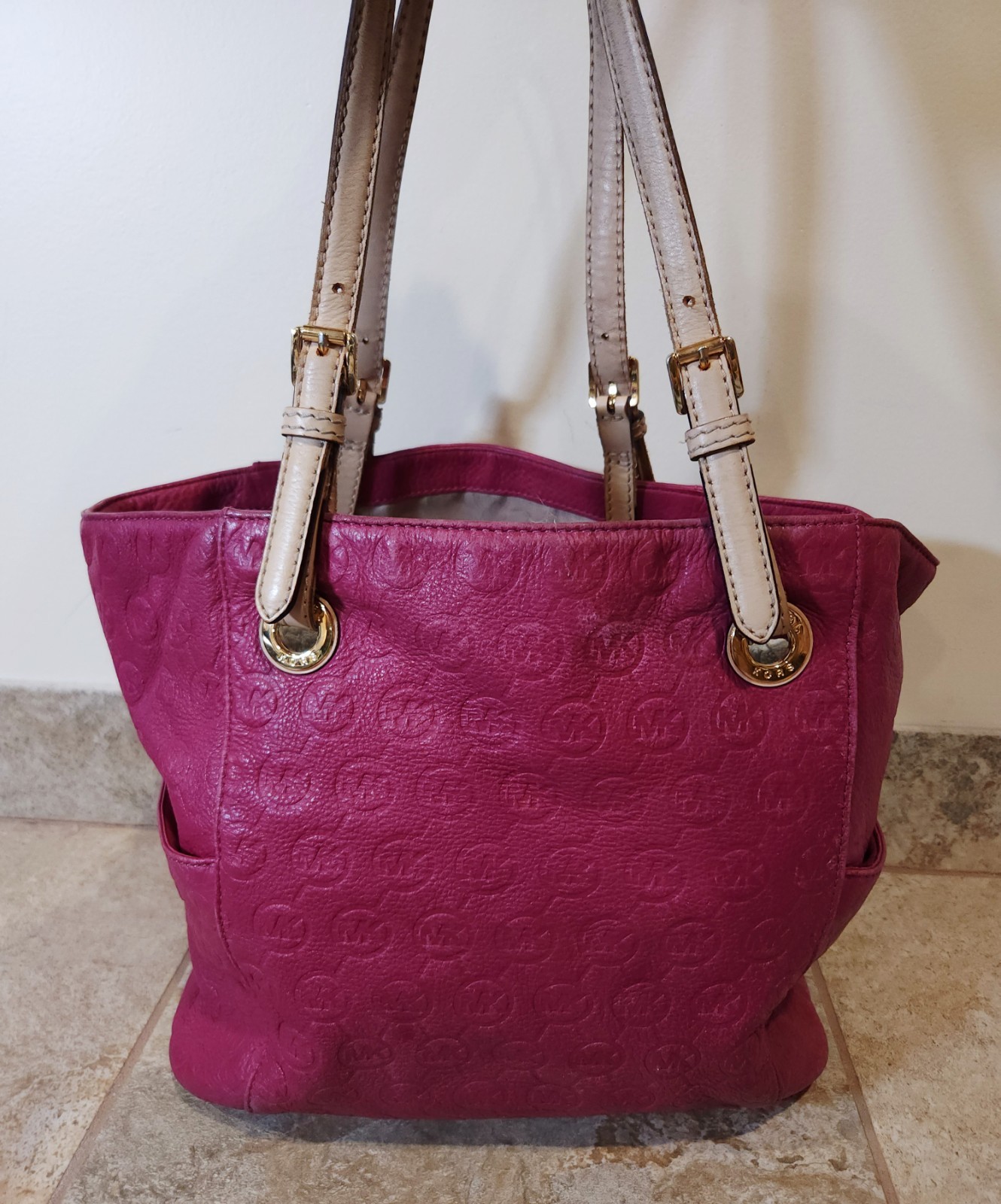Michael Kors | Large Magenta Pink Leather MK Logo Tote Double Handle Travel Bag