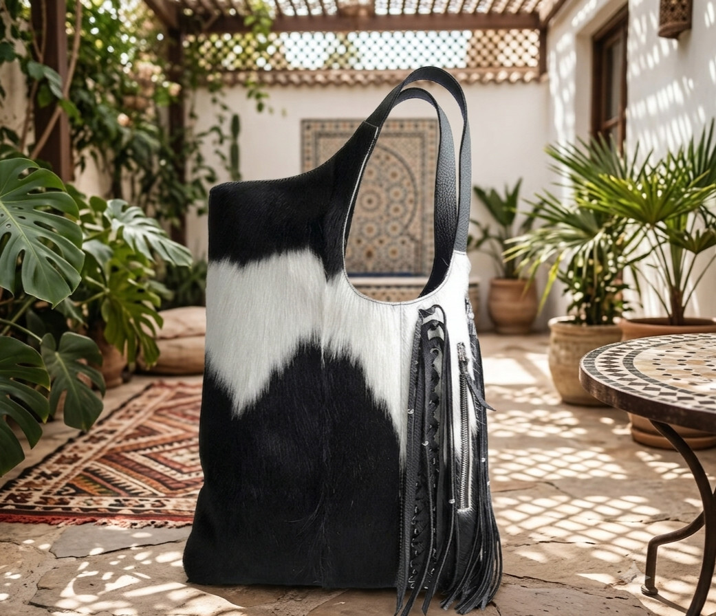 Black White Cowhide Leather Tote Bag Women Hair On Hide Shoulder Handbag PURSE