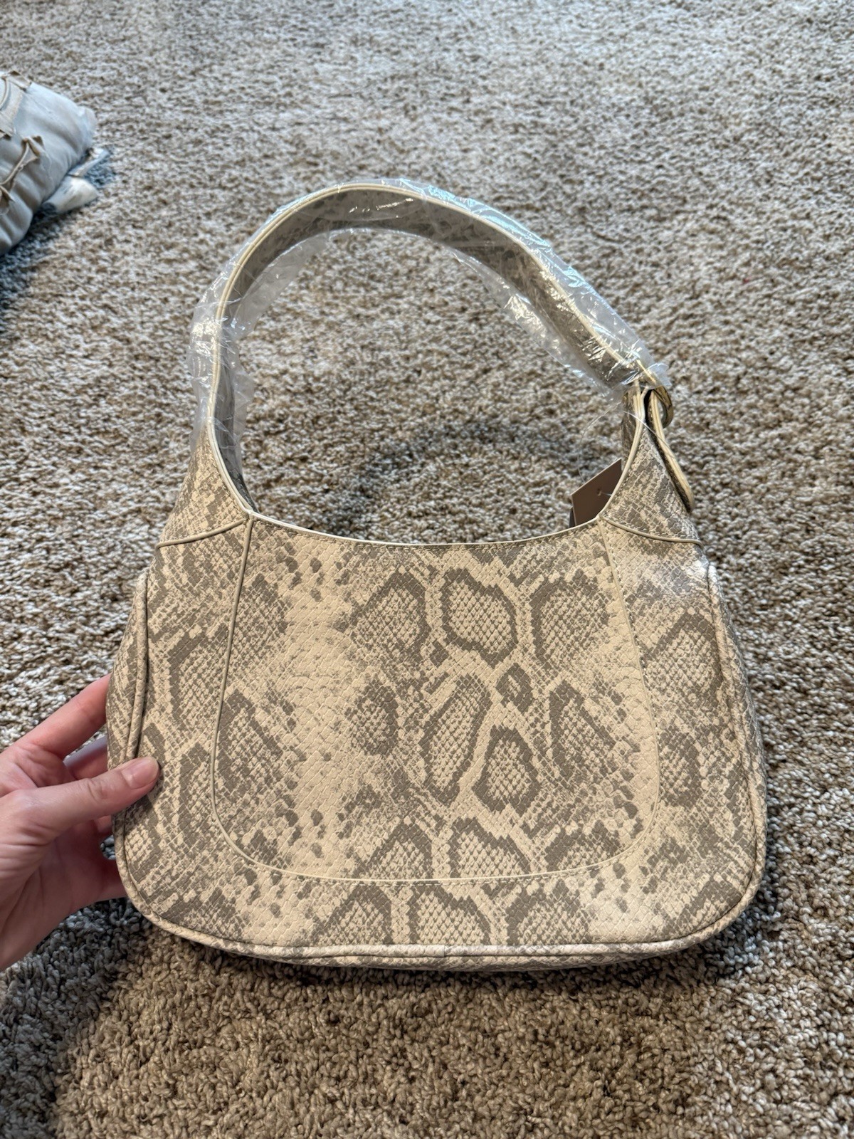 JustFab Beige Snake Print Shoulder Bag Zip Closure Buckle Accent Gold Hardware