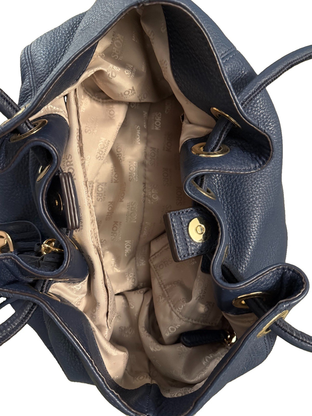 Michael Kors Blue Pebbled Bucket Drawstring Bag Tassel Gold Hardware Pockets