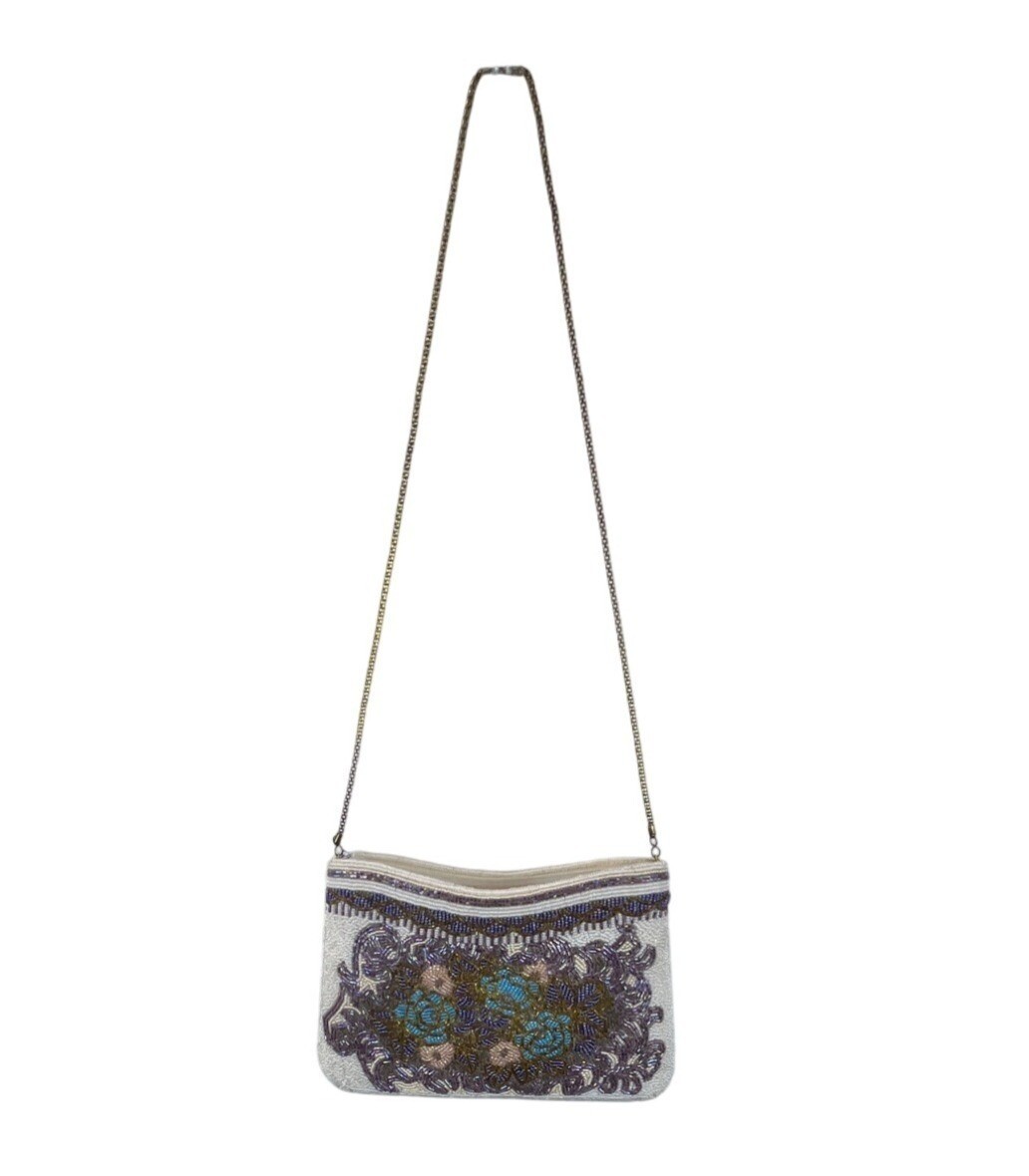 Vintage Le Regale Ivory & Purple Beaded Chain Strap Womens Evening Clutch Sz S