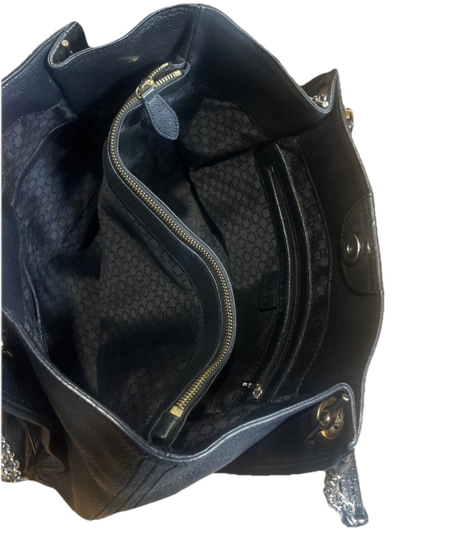 DAKS London Black Pebbled Leather Handbag Gold Chain Hardware Braided Logo