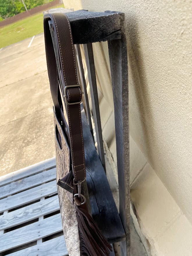Cowhide and Coffee Brown Tooled Leather Western Style Concealed Carry Purse