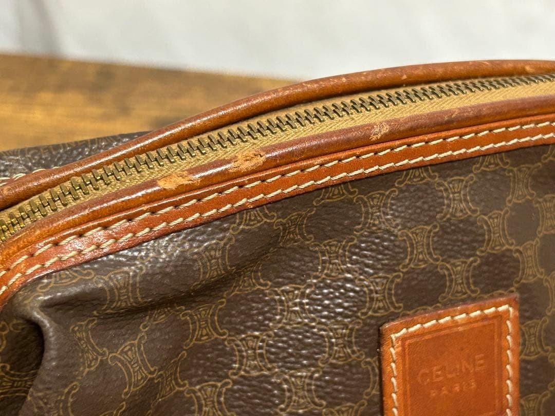 CELINE Macadam Pattern Cosmetic Pouch Vanity Bag Brown PVC Leather Brown Authent
