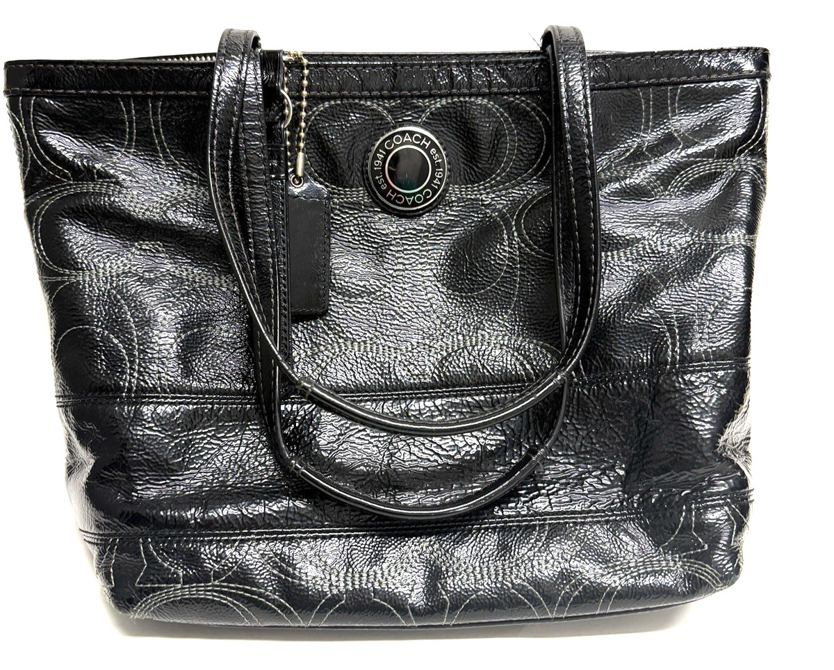 Coach F19198 Signature Sis Stitch Black Patent Leather Medium Tote Shoulder Bag