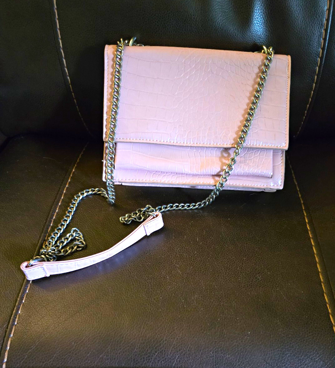 Pink Croc Embossed Crossbody Bag Snap Closure Silver Chain Detachable