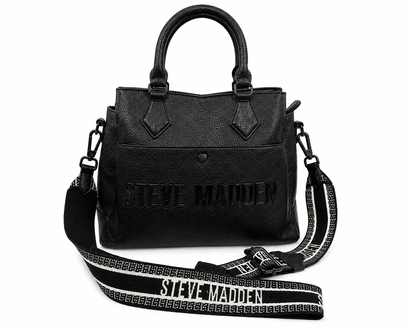 Steve Madden Black Pebbled Faux Leather Satchel Crossbody Tote Shoulder Bag