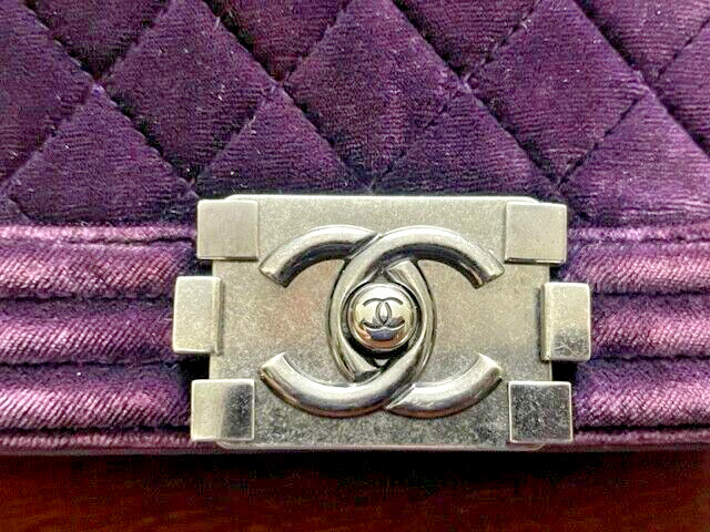 CHANEL Small LE BOY Purple Silver Chain Small Velvet Lambskin Bag Crossbody