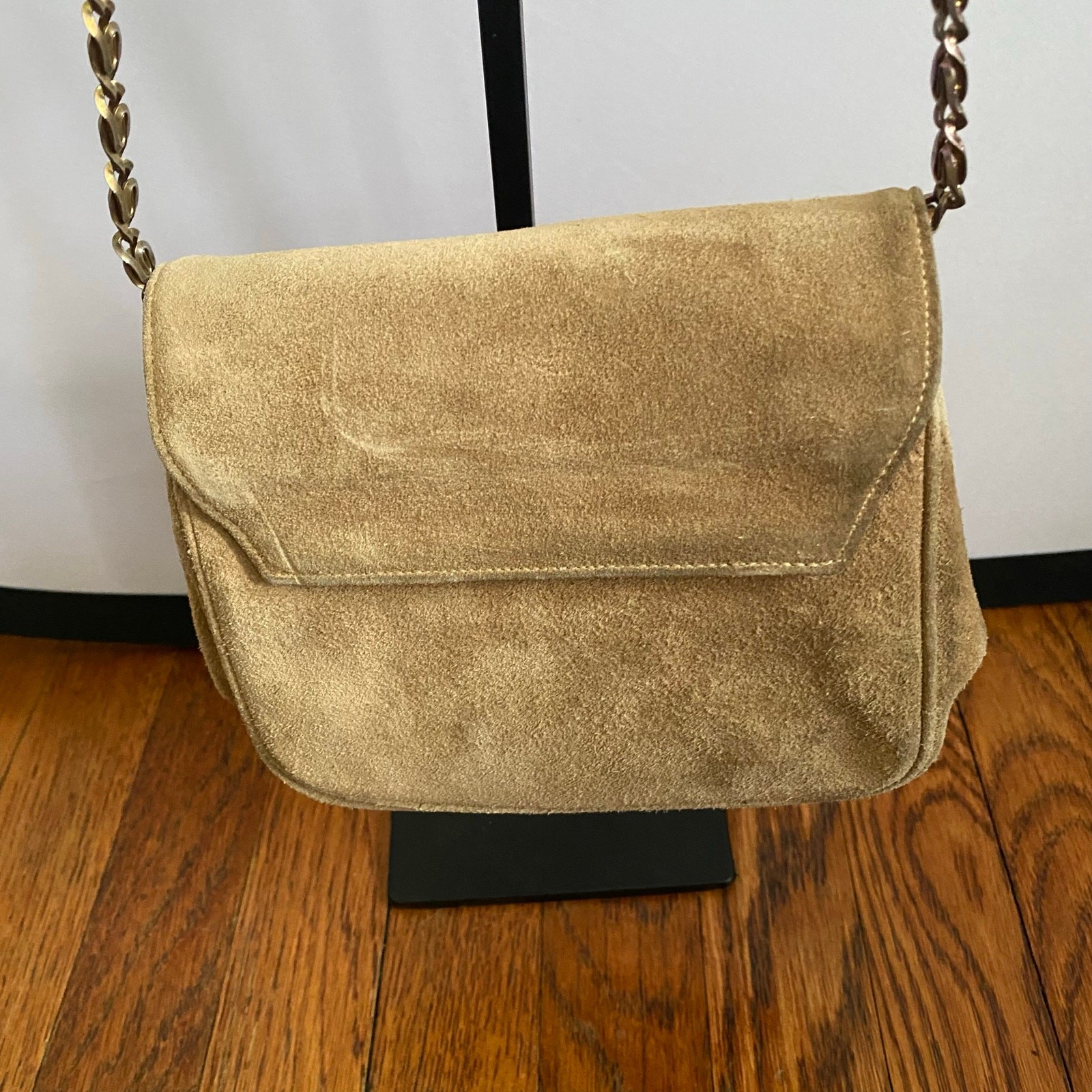 Vintage Susan Gail Suede Mini Shoulder Bag Camel Chain Strap 70s Crossbody Purse