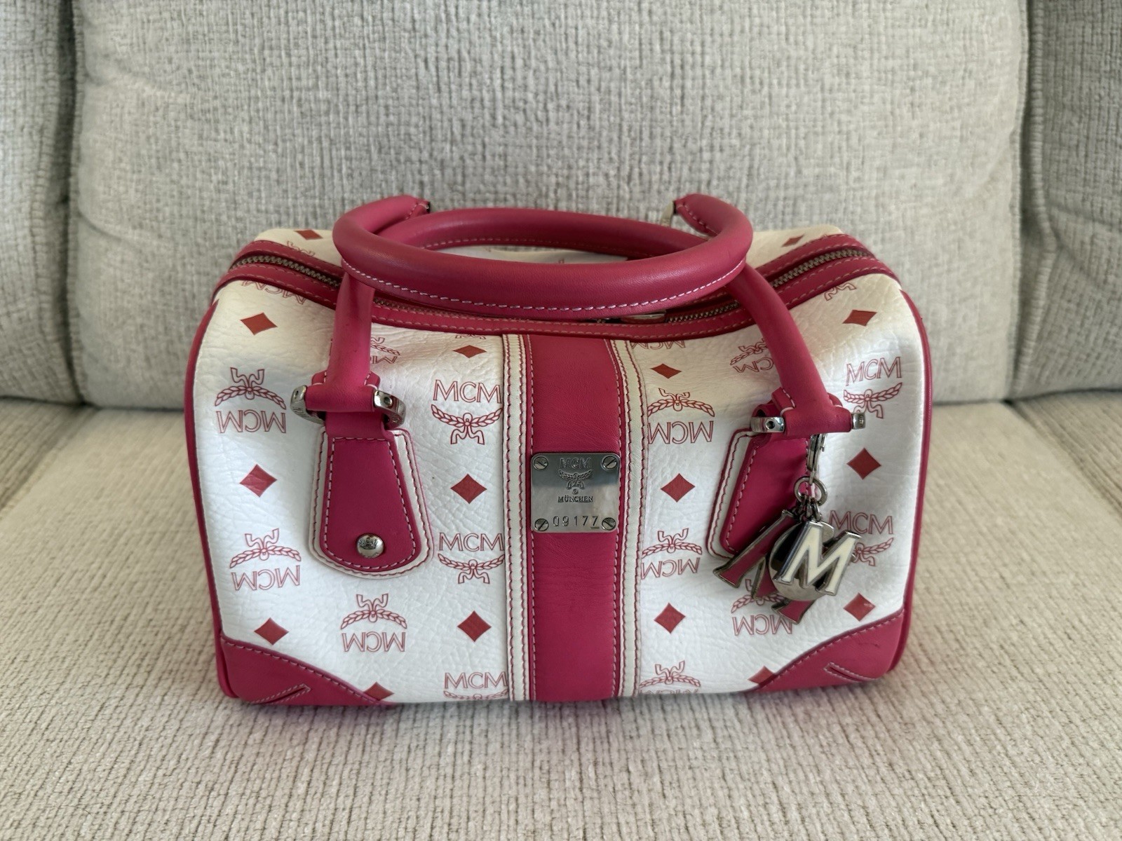 MCM Small Boston Bag Authentic Pink And White