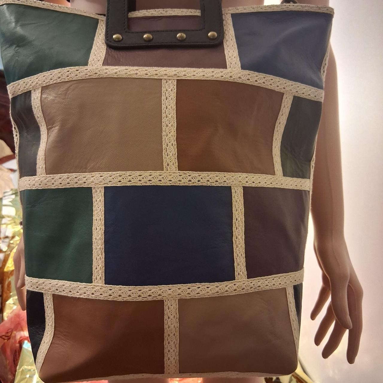 Multicolor Colorblock Patchwork Tote, Zip Top, Detachable Strap, Pockets