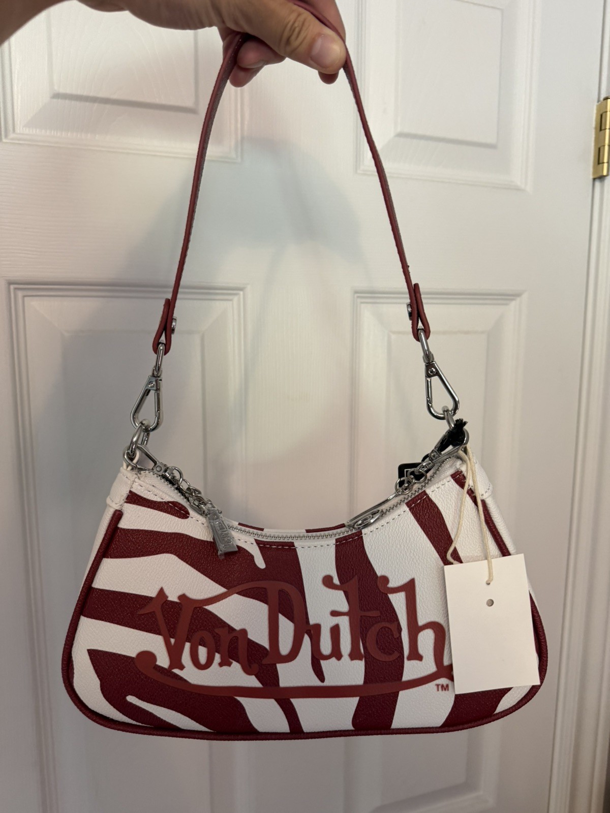 Von Dutch Red and White Zebra print Baguette bag with charms